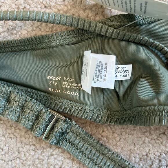 NWT Aerie Shine Rib One Shoulder Bandeau Bikini Top Olive Fun Olive Fun Sz S, L - Picture 6 of 6